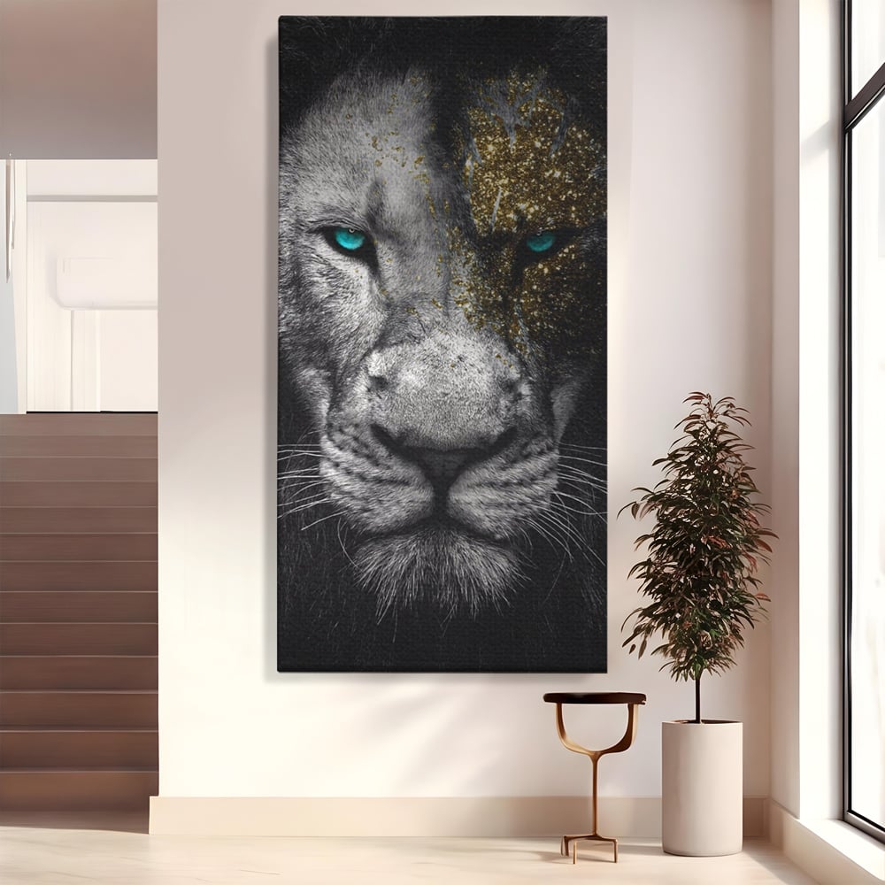 Tablou canvas cu tablou canvas cu leu si ochi albastri, fara rama, pe sasiu de lemn